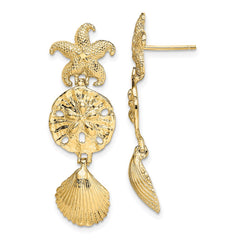 14K Yellow Gold Diamond-cut Starfish, Shell ,Sand Dollar Dangle Earrings