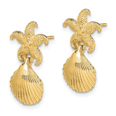 14K Yellow Gold Starfish Scallop Shell Dangle Earrings