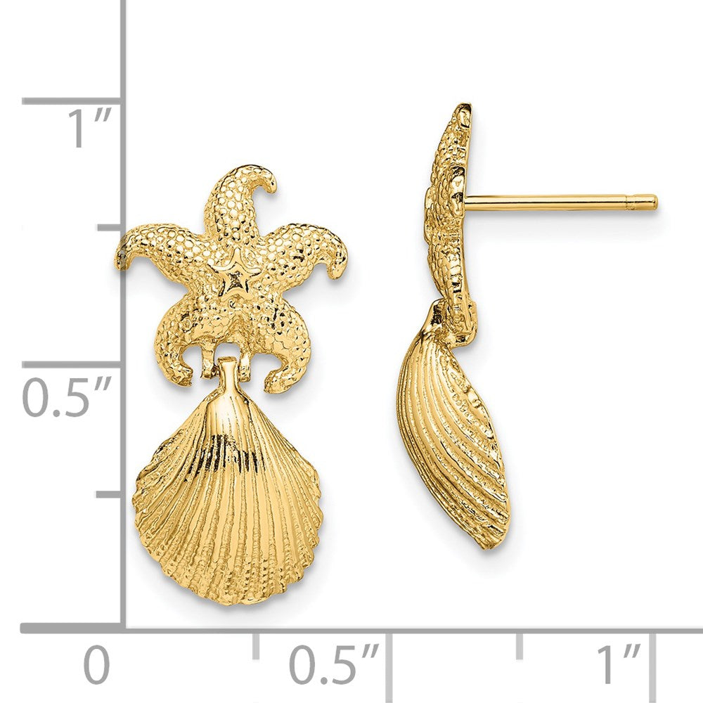 14K Yellow Gold Starfish Scallop Shell Dangle Earrings