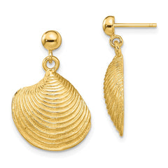 14K Yellow Gold 2D Textured and Polished Clam Shell Dangle Earrings