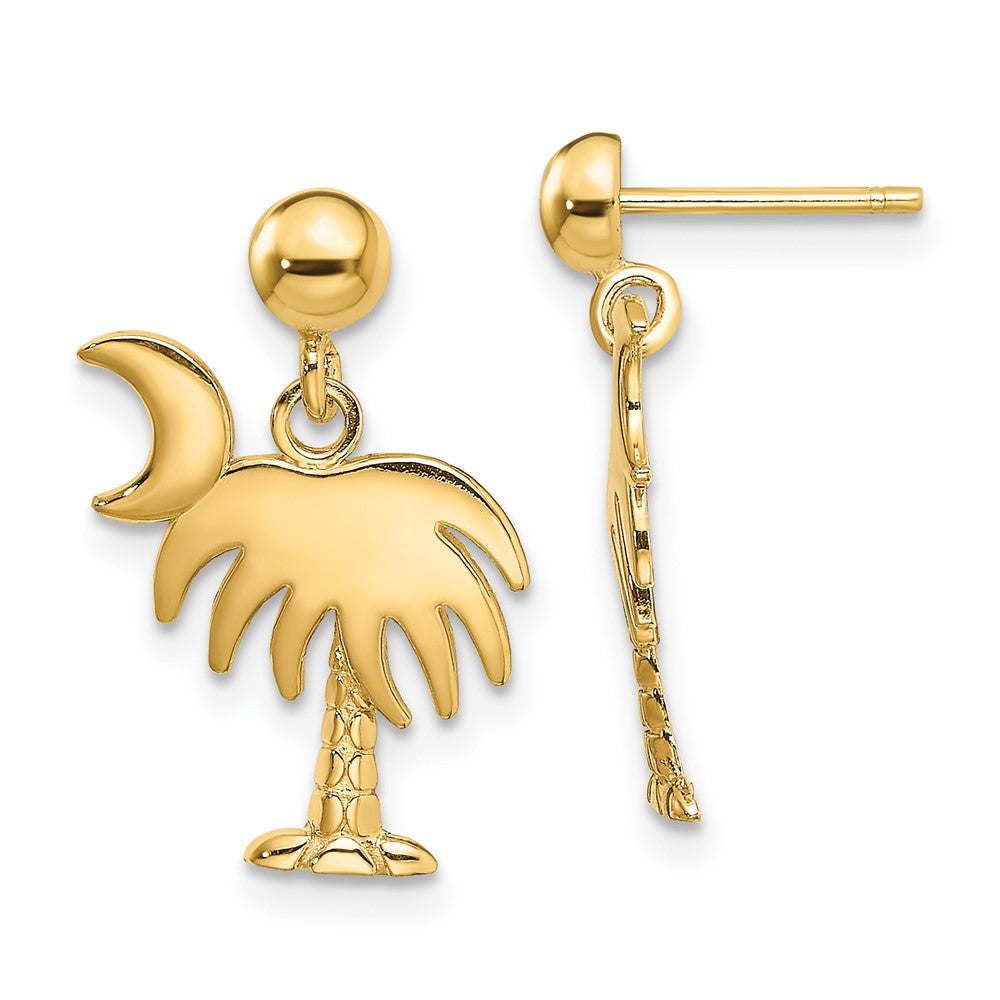 14K Yellow Gold Charleston Palm Tree with Moon Dangle Earrings
