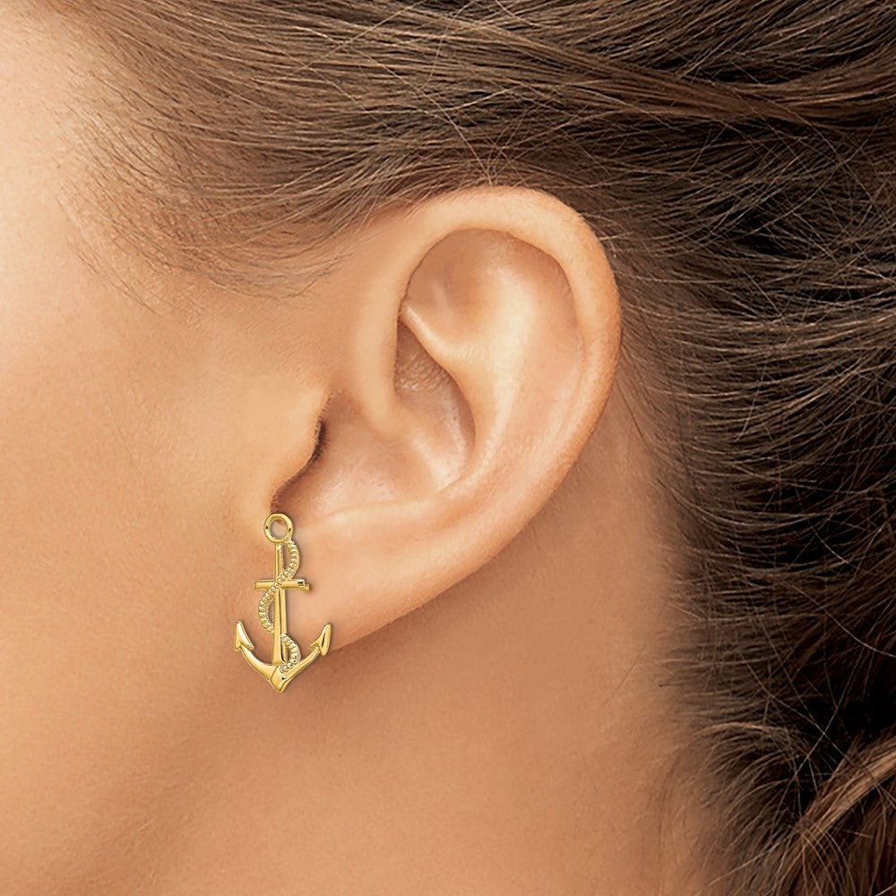 14K Yellow Gold Polished Textured Anchor with Rope Post Earrings