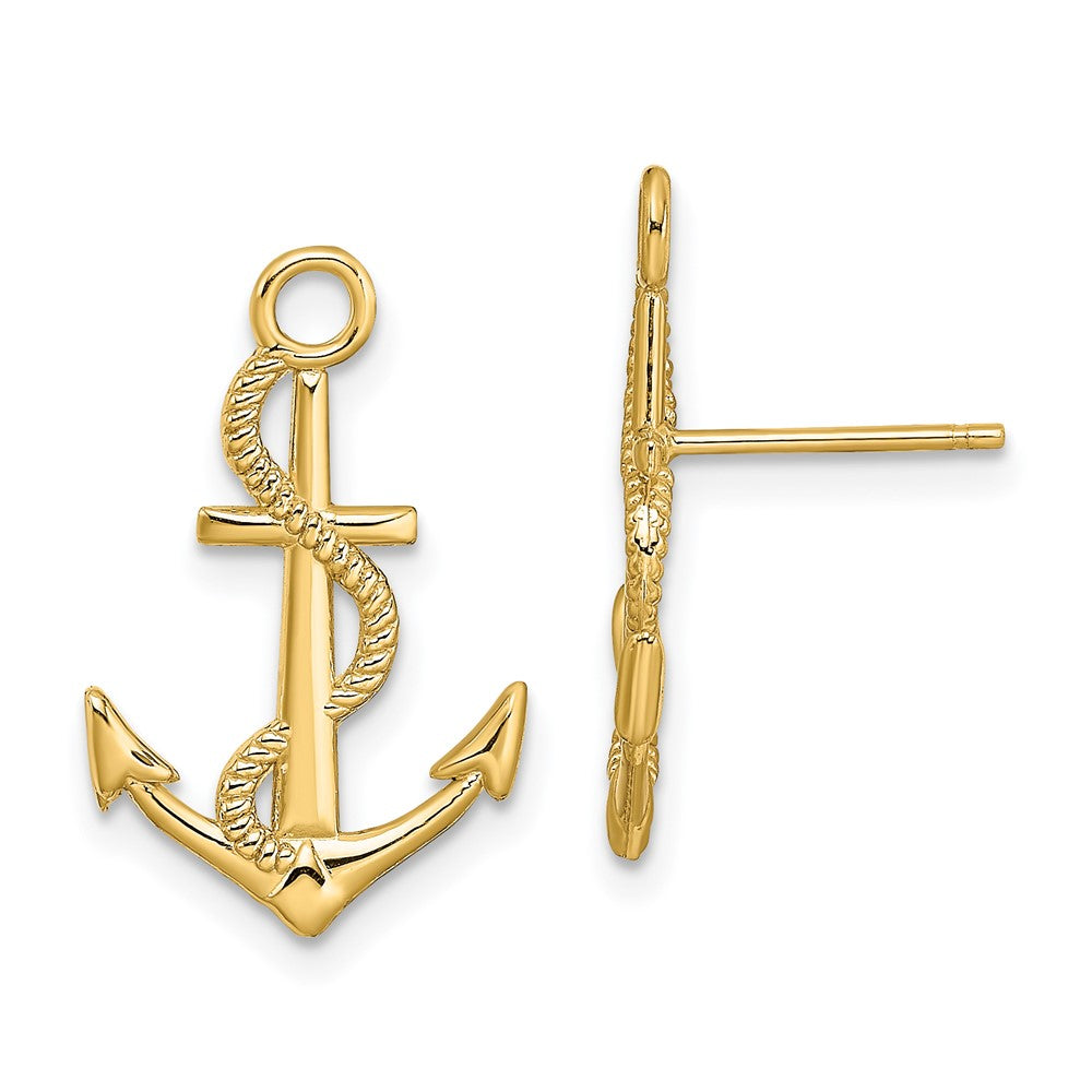 14K Yellow Gold Polished Textured Anchor with Rope Post Earrings