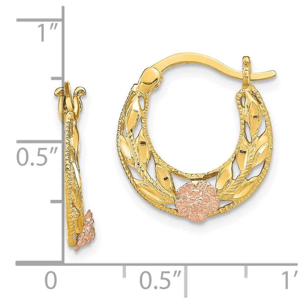 14K Two-Tone Gold Diamond-cut Flowers Hoop Earrings