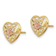 14K Two-Tone Gold Polished Floral in Heart Post Earrings
