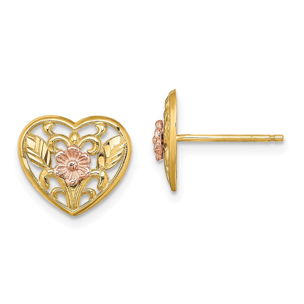 14K Two-Tone Gold Polished Floral in Heart Post Earrings