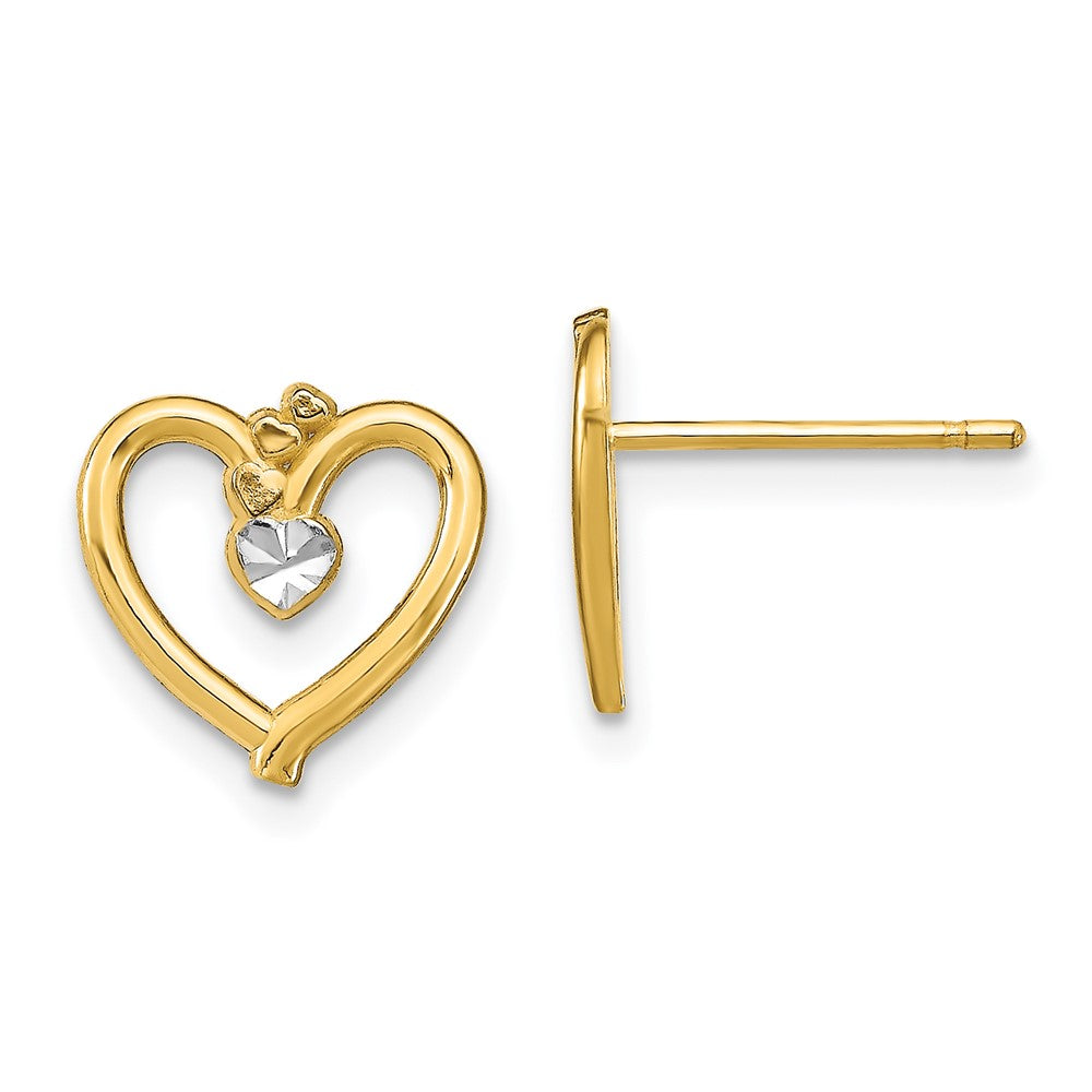 14K Two-Tone Gold Diamond-cut Heart Post Earrings