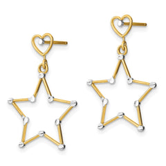 14K Two-Tone Gold Diamond-cut Heart and Star Post Dangle Earrings