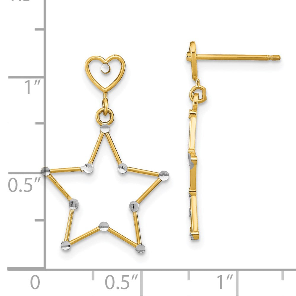 14K Two-Tone Gold Diamond-cut Heart and Star Post Dangle Earrings