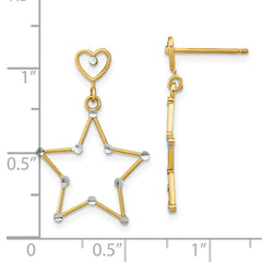 14K Two-Tone Gold Diamond-cut Heart and Star Post Dangle Earrings