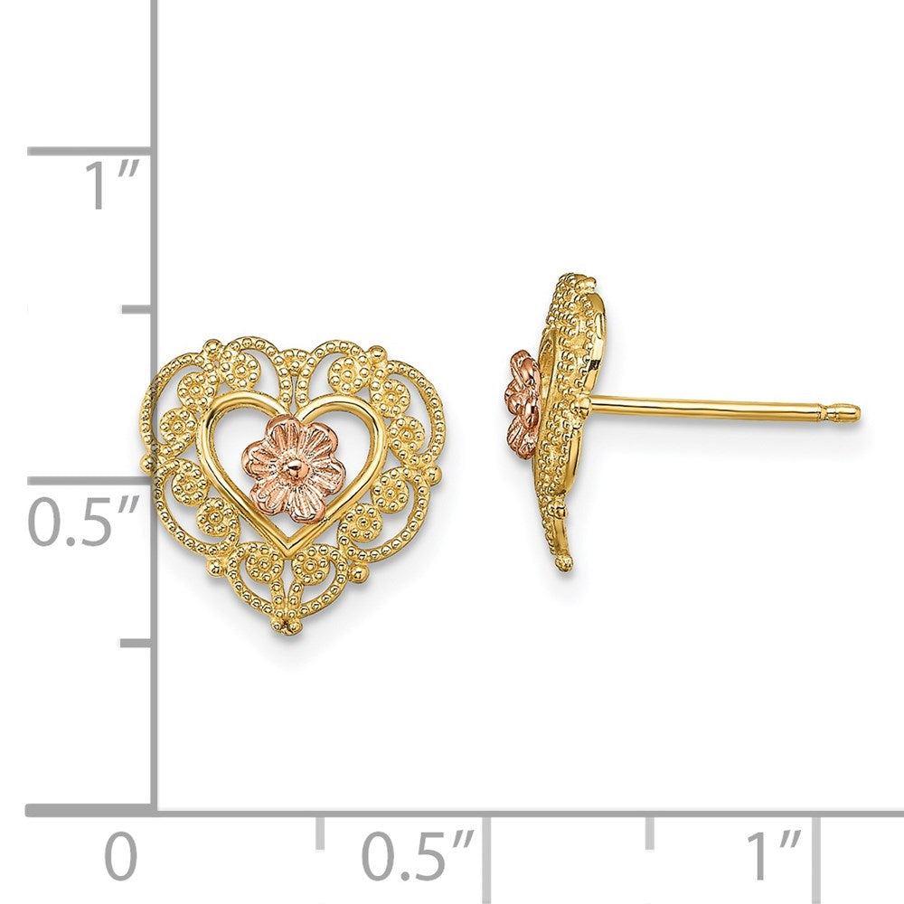 14K Two-Tone Gold with Lace Trim and Flower Heart Post Earrings