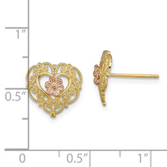 14K Two-Tone Gold with Lace Trim and Flower Heart Post Earrings