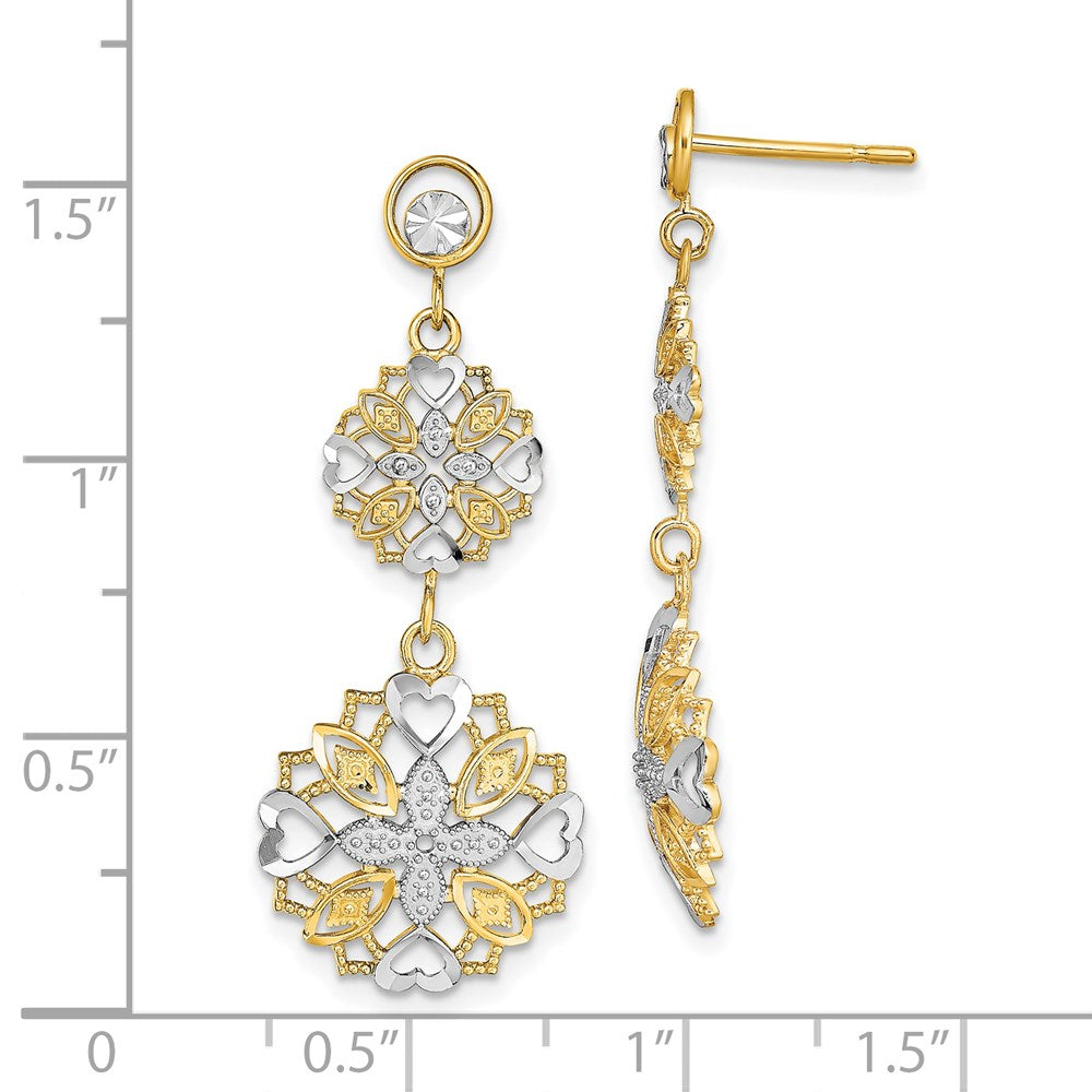 14K Two-Tone Gold Diamond-cut Flower & Heart Dangle Earrings
