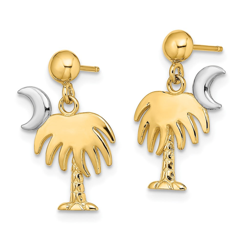 14K Two-Tone Gold Charleston Palm Tree with Moon Dangle Earrings