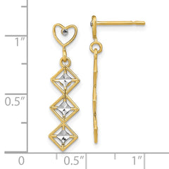 14K Two-Tone Gold Diamond-cut Heart and Diamond Shape Post Dangle Earrings
