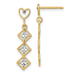 14K Two-Tone Gold Diamond-cut Heart and Diamond Shape Post Dangle Earrings