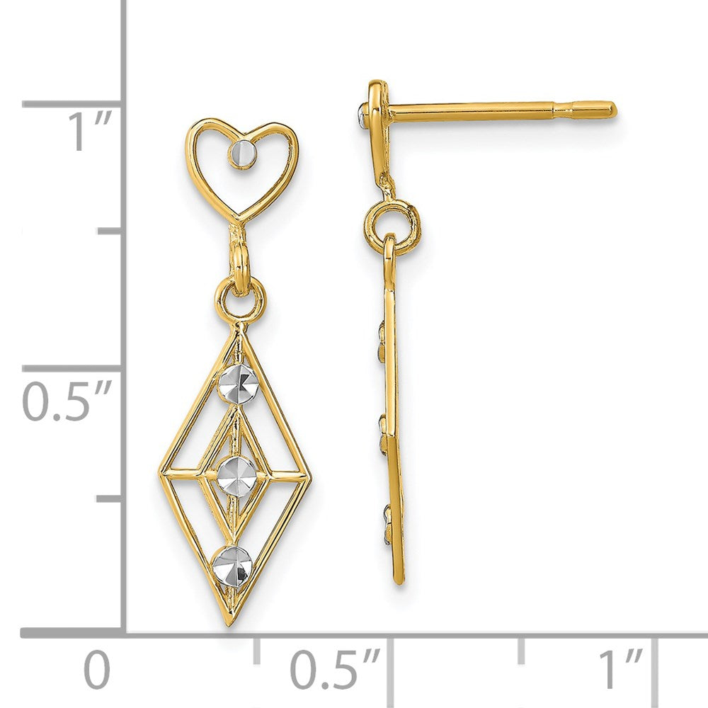 14K Two-Tone Gold Diamond-cut Diamond Shape Heart Dangle Earrings