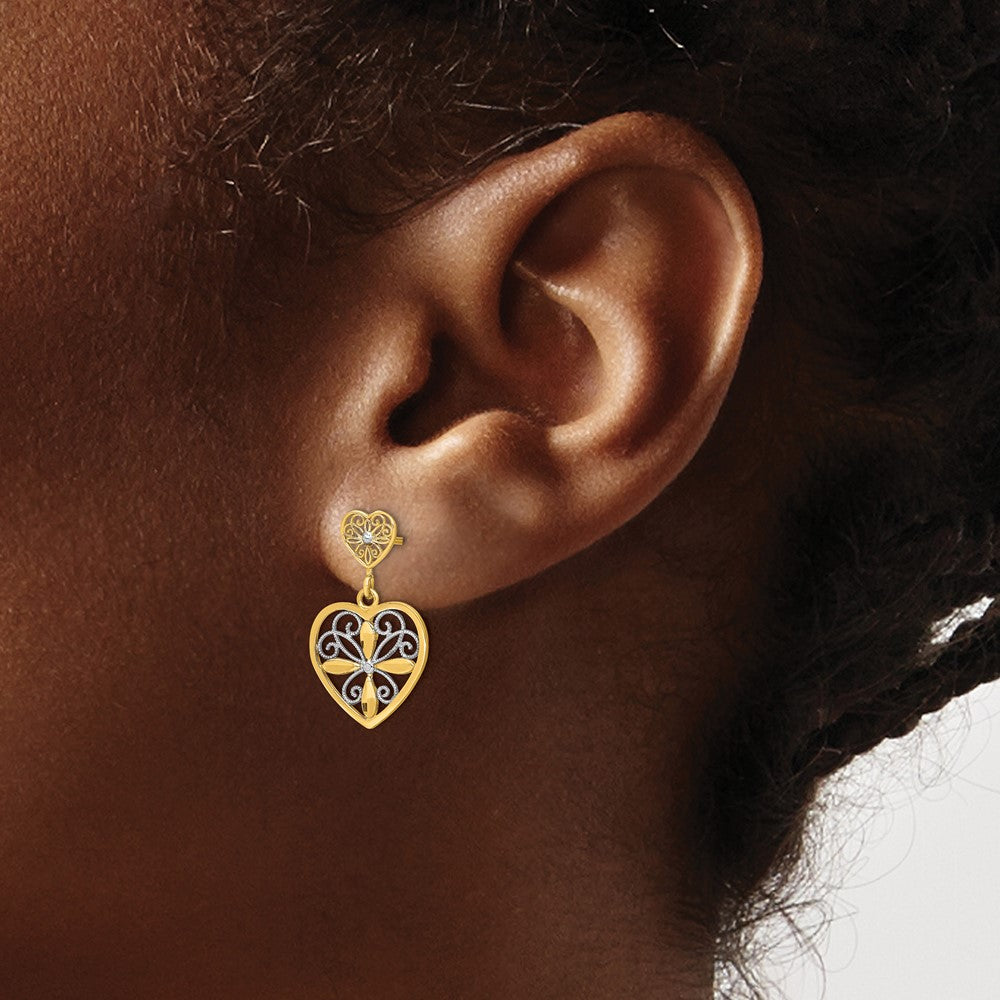 14K Two-Tone Gold Flower and Heart Beaded Filigree Dangle Earrings