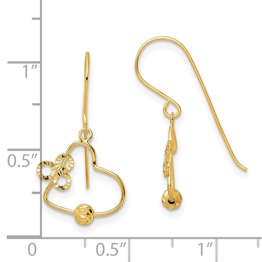 14K Yellow Gold Polished and Diamond-cut Open Heart Dangle Earrings