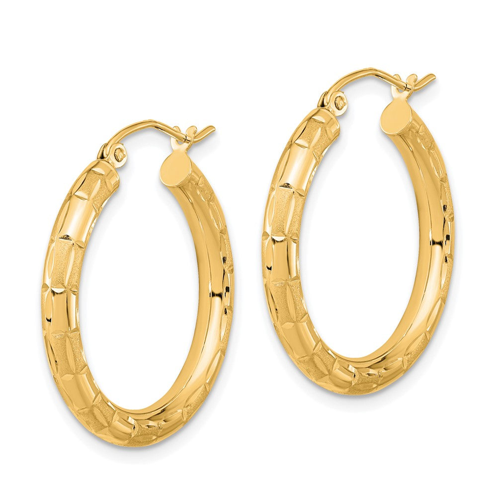 14K Yellow Gold Polished Satin and Diamond-cut Hoop Earrings