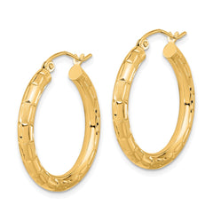 14K Yellow Gold Polished Satin and Diamond-cut Hoop Earrings