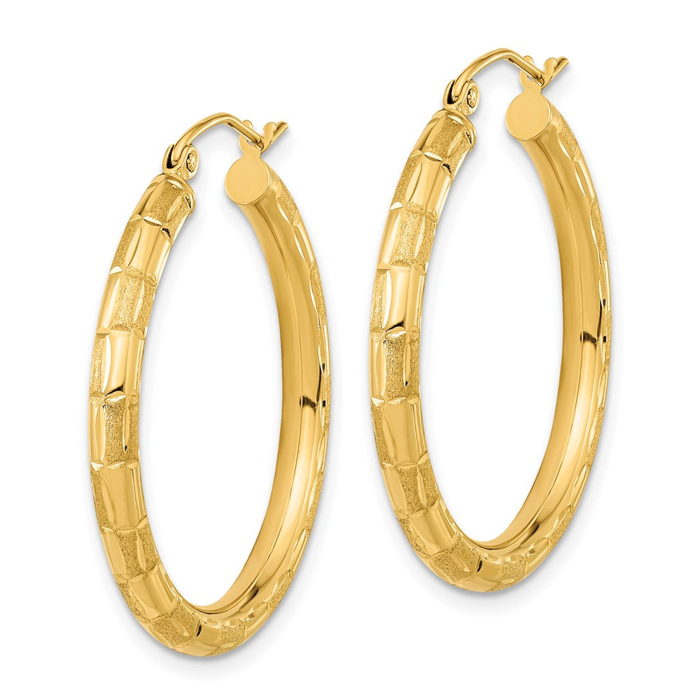 14K Yellow Gold Polished Satin and Diamond-cut Hoop Earrings