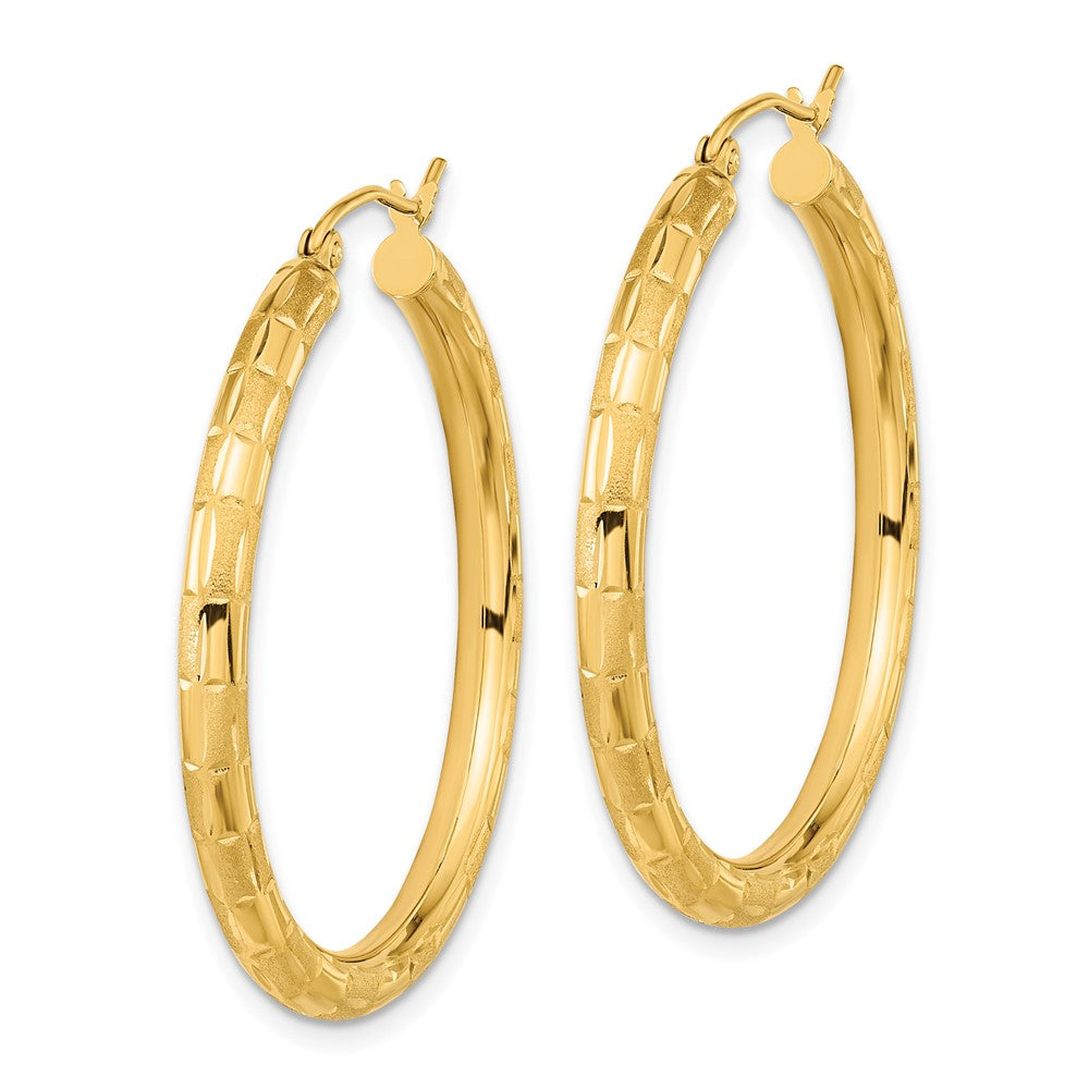 14K Yellow Gold Polished Satin and Diamond-cut Hoop Earrings