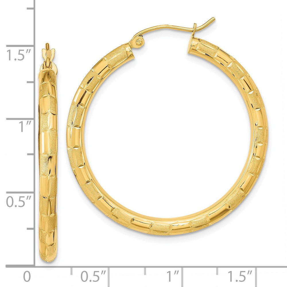 14K Yellow Gold Polished Satin and Diamond-cut Hoop Earrings