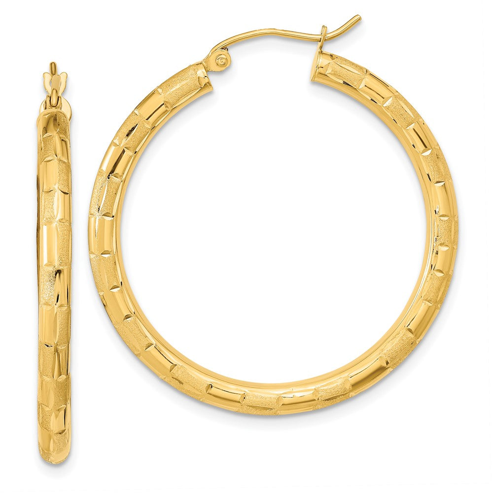 14K Yellow Gold Polished Satin and Diamond-cut Hoop Earrings