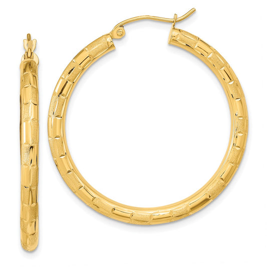 14K Yellow Gold Polished Satin and Diamond-cut Hoop Earrings