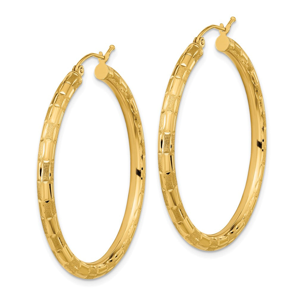 14K Yellow Gold Polished Satin and Diamond-cut Hoop Earrings