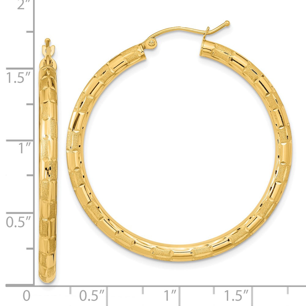 14K Yellow Gold Polished Satin and Diamond-cut Hoop Earrings