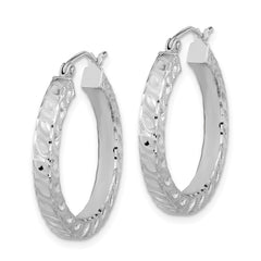 14K White Gold Satin Diamond-cut Square Tube Hoop Earrings