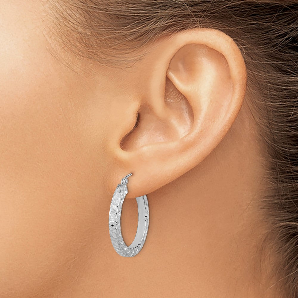 14K White Gold Satin Diamond-cut Square Tube Hoop Earrings