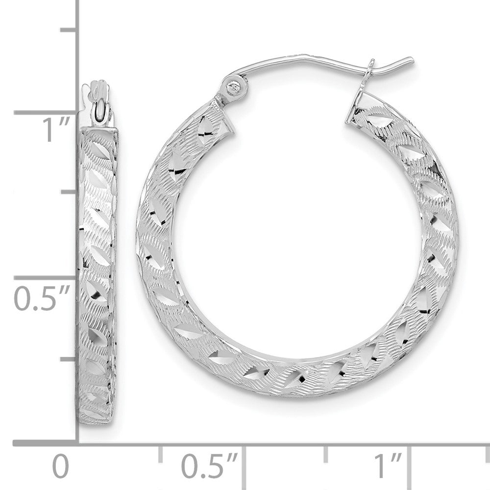 14K White Gold Satin Diamond-cut Square Tube Hoop Earrings