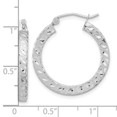 14K White Gold Satin Diamond-cut Square Tube Hoop Earrings