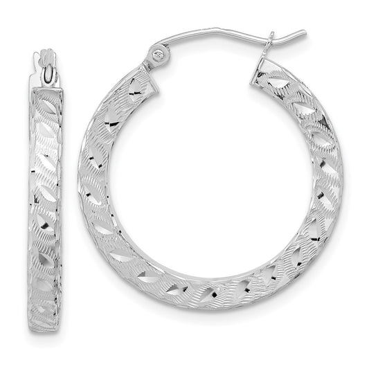 14K White Gold Satin Diamond-cut Square Tube Hoop Earrings