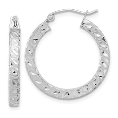 14K White Gold Satin Diamond-cut Square Tube Hoop Earrings