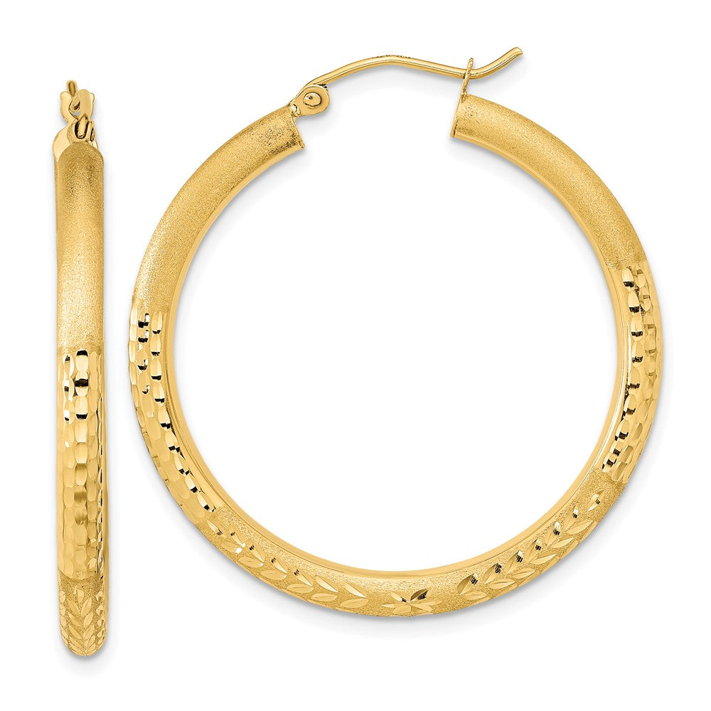 14K Yellow Gold Polished Satin and Diamond-cut Hoop Earrings