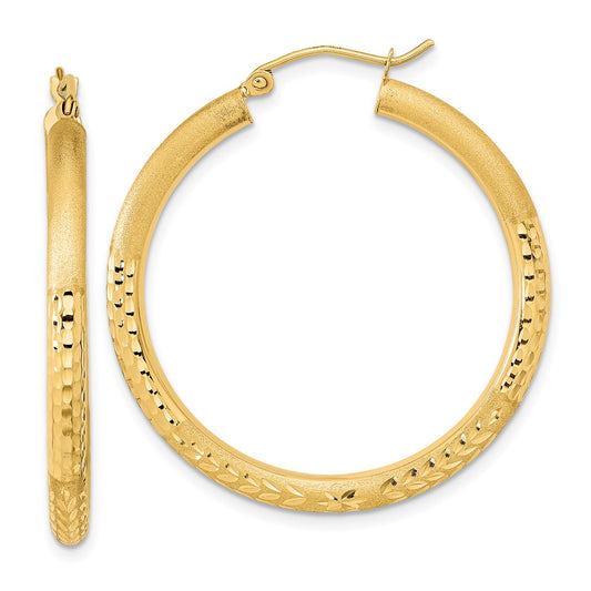 14K Yellow Gold Polished Satin and Diamond-cut Hoop Earrings