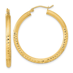 14K Yellow Gold Polished Satin and Diamond-cut Hoop Earrings