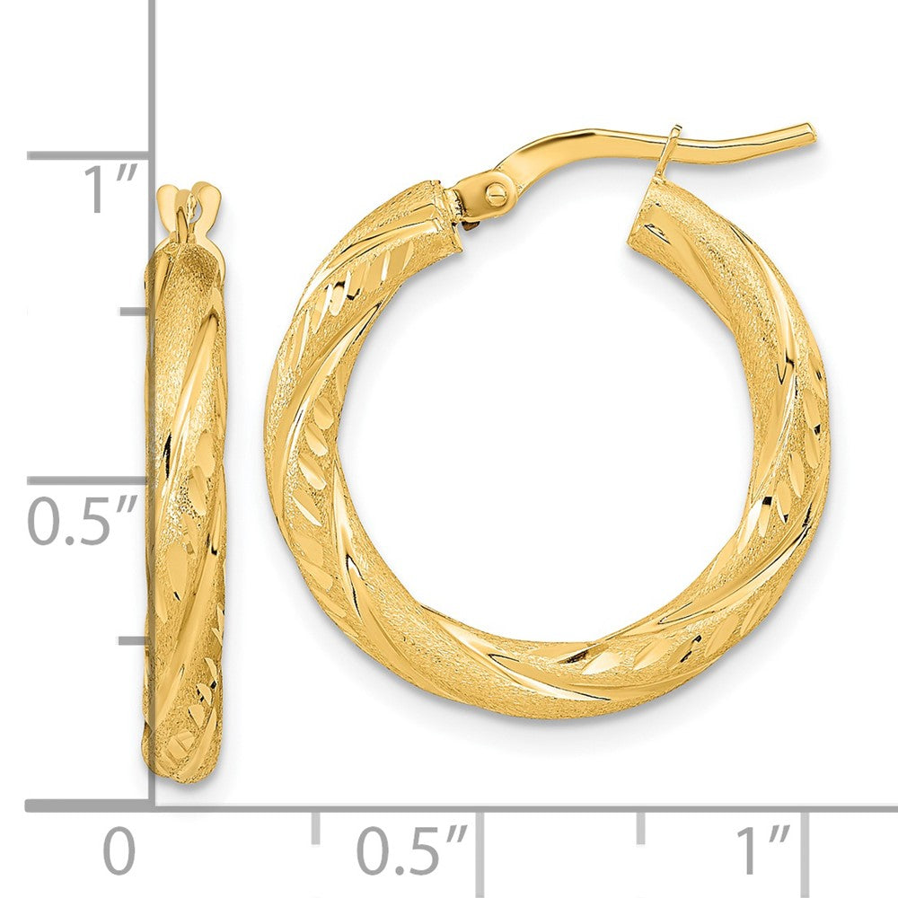 14K Yellow Gold 3mm Polished & Satin Diamond-cut Hoop Earrings