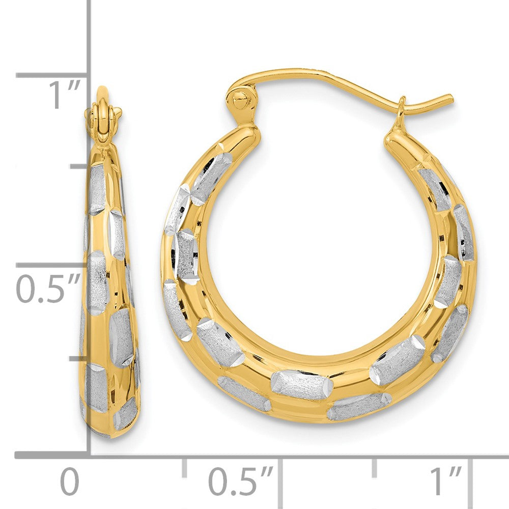 14K Yellow Gold White Rhodium Polished Satin Diamond-cut Hoop Earrings