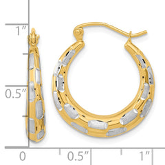 14K Yellow Gold White Rhodium Polished Satin Diamond-cut Hoop Earrings