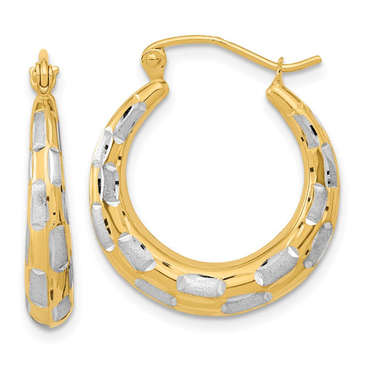 14K Yellow Gold White Rhodium Polished Satin Diamond-cut Hoop Earrings