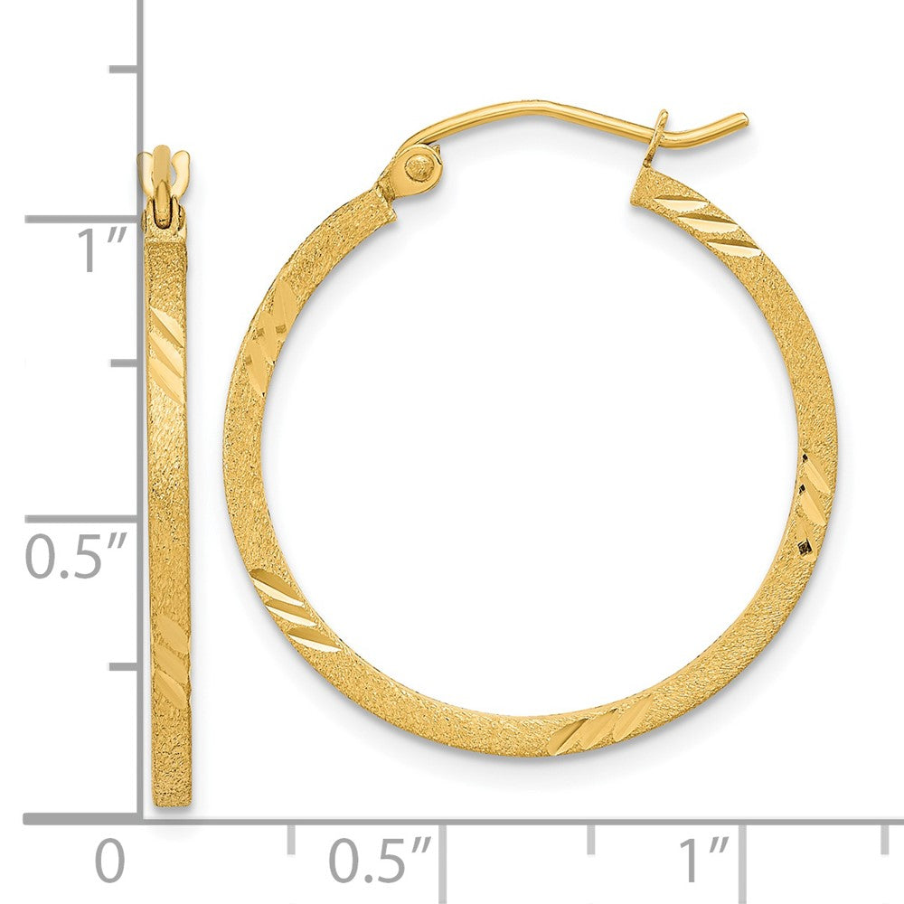 14K Yellow Gold Satin Diamond-cut Square Tube Hoop Earrings