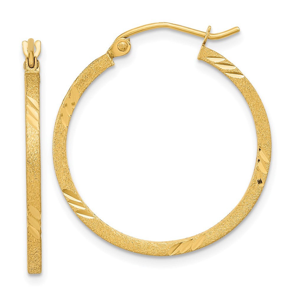 14K Yellow Gold Satin Diamond-cut Square Tube Hoop Earrings