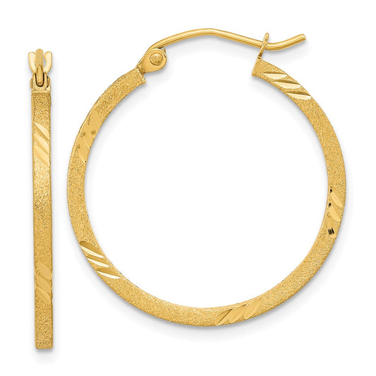 14K Yellow Gold Satin Diamond-cut Square Tube Hoop Earrings