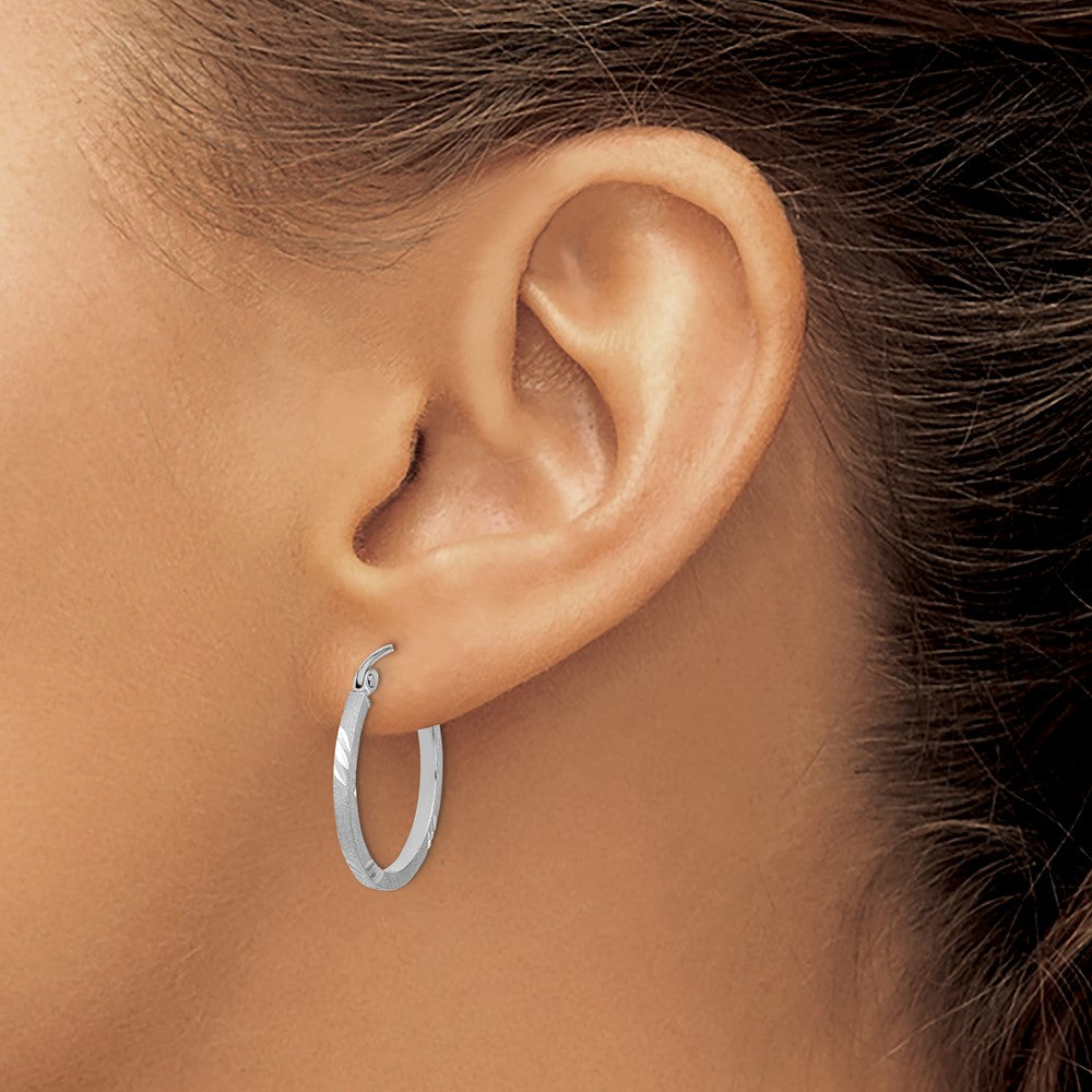 14K White Gold Satin Diamond-cut Square Tube Hoop Earrings