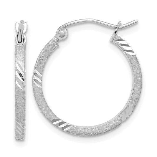 14K White Gold Satin Diamond-cut Square Tube Hoop Earrings